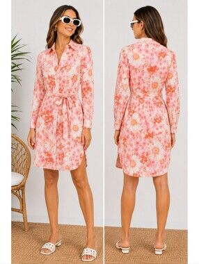 Lesley Evers Floral White Pink Cotton Long Sleeve Shirt Midi Dress Size Medium